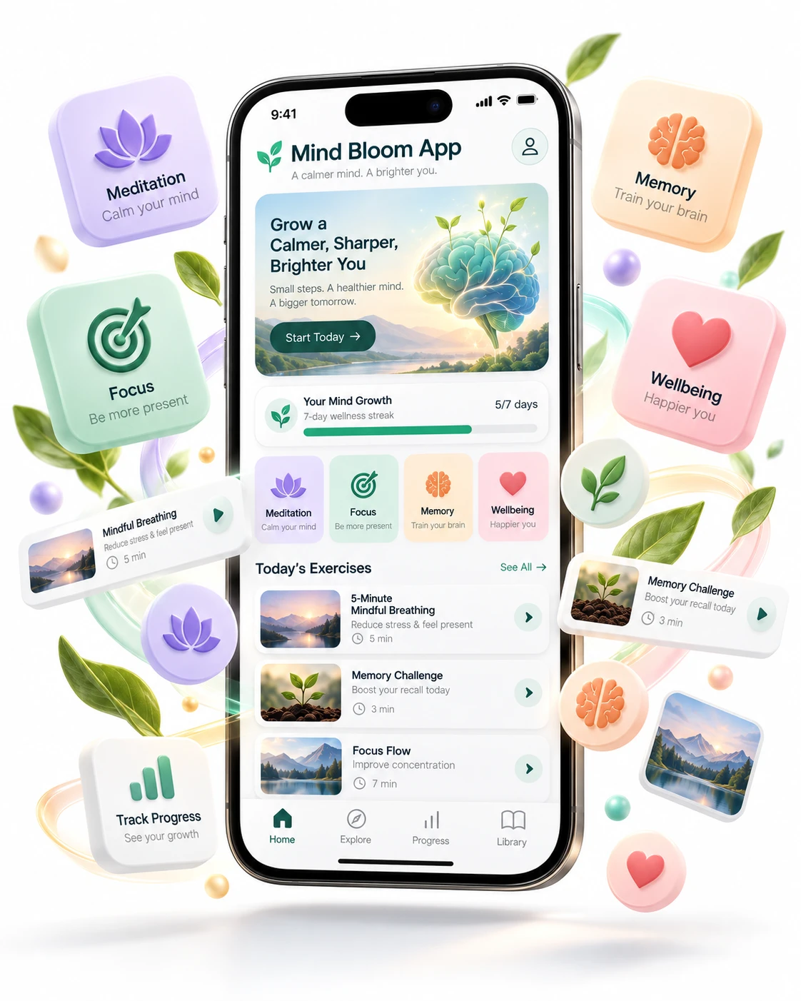Mind Bloom App home screen with Meditation, Focus, Memory and Wellbeing activities