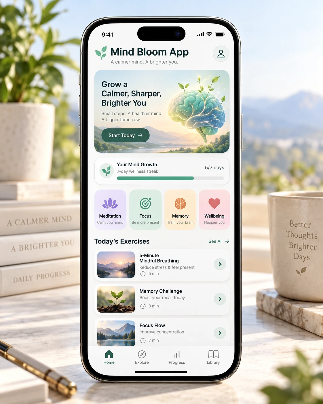 Mind Bloom App open on a phone with today's exercises